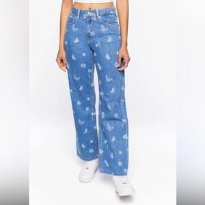 Forever 21 + Blue Printed wide leg streetwear novelty Jeans
